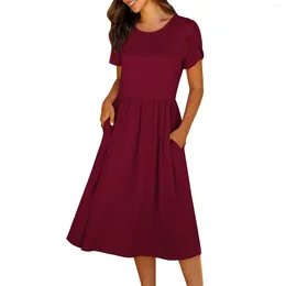 Casual Dresses Women'S Summer Short Sleeve A-Line Midi T-Shirt Dress Flowy Beach Sundress With Pockets Fashionable