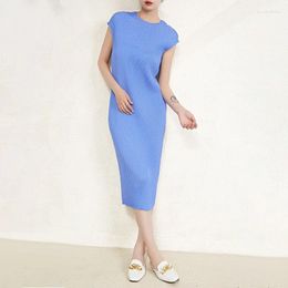 Casual Dresses Summer Dress For Women's Clothing 2024 Round Neck Sleeveless Stretch Miyake Pleated Simple Elegant
