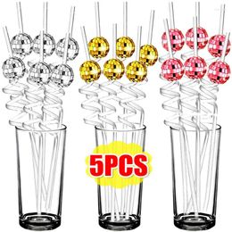 Disposable Cups Straws Mirror Ball 70s Disco Party Cocktail Stirrers Bar Mini Glitter Plastic Balls Straw Beverage Decorations Holiday