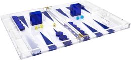 AquaUncle Elegant 18'' Lucite Backgammon Set, Lucite Chips Cups with Magnetic Closure, Elegant Practical Boutique Quality Home Decor, Clear, Blue & White