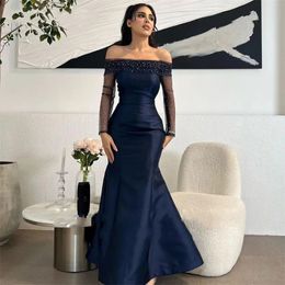 New Navy Blue Formal Evening Dress Off The Shoulder Glitter Long Sleeves Satin Prom Pagenat Party Gowns Arabic Dubai Robe De Soiree 2024