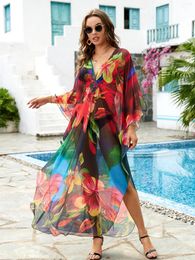 Summer Wear 2024 Women Floral Printed Turkish Kaftan Swimsuit Cover Up Sexy Flowy Chiffon Beach Dress Beachwear Cover-ups Q1559