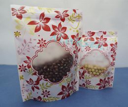 100pcslot 14x20cm Selfstanding red flower printing plastic ziplock bag with window matte clear pack clothes button zipper pouc4831241