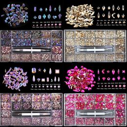Mixed AB Glass Crystal Diamond Flat Rhinestone Nail Art Decoration Fingers 21 Grid Box Nails Accessories Set With 1 Pick Up Pen 240401