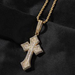 18K Gold Plated Iced Out CZ Stone Diamond Cross Pendant with 3mm Rope Chain Necklace