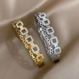 Bangle ALLYES Charm Inlaid Zircon Hollow Square Stainless Steel Bracelets For Women Unique Design Gold Silver Colour Bangles Accessories