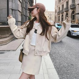 Work Dresses Baseball Coat And Skirt Two Piece Sets 2024 Autumn Women Streetwear Trendy Loose Casual Bomber Jacket Mini Skirts Suits 1006
