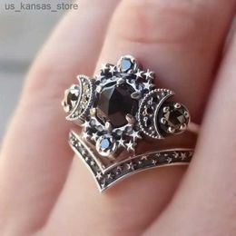 Cluster Rings New Gothic Universe Moon Womens Ring Set Creative Retro Five pointed Star Black Party Holiday Jewelry Best Girl Gift240408