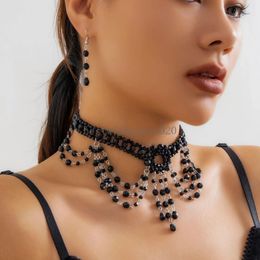 Goth Black Crystal Tassel Pendant Necklace Drop Earrings for Women 2024 Trend Vintage Clavicle Chain Jewelry Set New