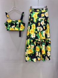 DoGG women's two piece dress designer printed dress womens luxury brand set holiday style sexy vest top and high waisted skirt new womens floral clothing yellow