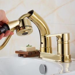 Bathroom Sink Faucets 1PC Brass Gold/Silver/Black Double-Hole Pull-Out Basin Faucet With And Cold Banheiro Torneira Water Tap