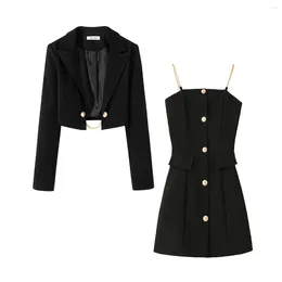 Work Dresses GkyocQ Korean Fashion Spring Women Two Piece Sets Short Black Blazer Coat Sleeveless Camisole Slim A Line Dress Outfit