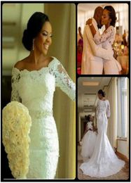 New Fashion Nigerian 34 Long Sleeve Applique Lace Mermaid Wedding Dresses With Crystals Off The Shoulder Bridal Dress1608300