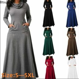 Casual Dresses 2024 Women's Elegant Long Maxi Dress Autumn Winter Warm High Collar Long-sleeved Solid Woman With Pocket Robe