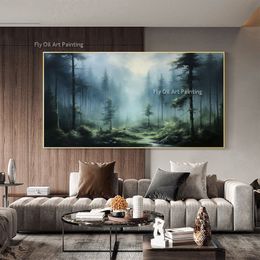 Green Forest Full Of Fog Oil Painting On Canvas Handmade Nature Custom Woods Textured Wall Art Primitive Forest Landscape Wall Art Living Room Decor