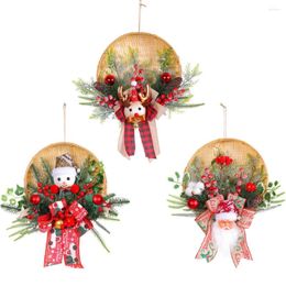 Decorative Flowers 2024 Christmas Wreath Front Door Elk Santa Claus Bamboo Basket Hanging Garland Pendant Year Outdoor Artificial