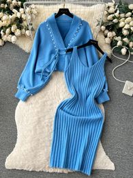 Work Dresses Fall Winter Knitwears Two Piece Sets For Women Outfits Korean Sweet Beading Knitted Cardigans Straped Bodycon 2024