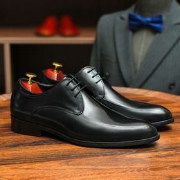 Top Layer Cowhide British Style Mens Business Dress Leather Shoes Versatile Wedding Genuine Fashion Commuting Derby