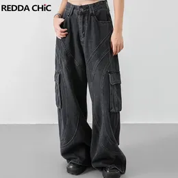 Women's Jeans REDDACHiC Pockets Stitch Cargo Pants Trousers Washed Black Baggy High Waist Wide Leg Retro Y2k Harajuku Streetwear