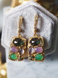 Stud Earrings Brass Zircon Colourful Natural Stone Punk Party Gown Brincos Runway Rare Boucle D'oreille Korean Japan Style Fashion