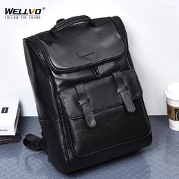 Backpack Men Large Business Travel College Students 15.6 Inch Laptop School Bag High Quality PU Leather Bucket Rucksack XA454C