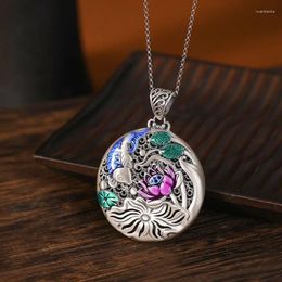 Chains 925 Silver Vintage Lotus Flower Fish-shaped Enamel Round Pendant Original Design Ethnic Style Necklace For Women Fashion Jewelry