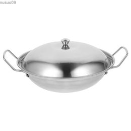 Pans Wok stainless steel pot with lid and double handle for cooking used in daily kitchens and hot homesL2403