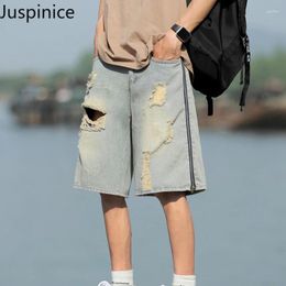 Men's Shorts Summer Distressed Ripped Denim Fashion Retro Washed Loose Casual Zipper Mid-length Pants Men Bottom Male Clothes