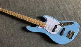 Blue body 5 Strings Electric Bass Guitar with White Pearl InlayWhite PickguardChrome hardwareProvide Customised services2834726