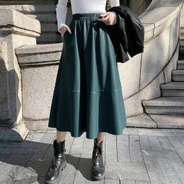 Skirts 2024 Casual Autumn Winter Women PU Faux Leather Solid Colour Elastic High Waist Pockets A-Line Office Lady Skirt