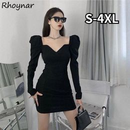 Casual Dresses Dress Women Sexy Puff Sleeve Temperament Black Solid V-neck Cool Design Mini Body-con Vintage Y2k Evening Party Ladies