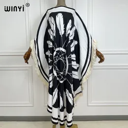 Casual Dresses 2024 WINYI African Boho Dress Colour Matchi Print Bohemia Loose Elegant Muslim Abaya Bazin Robe Gowns Broder Riche Round