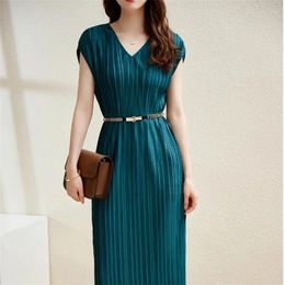 Casual Dresses Leisure Fashion Dress 2024 Women's Summer Vestidos Slim Folded Medium Length Style Female Sundress With Belt