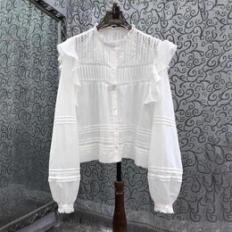 Women's Blouses Cotton Blouse 2024 Spring Fashion Design Tops Women Hollow Out Lace Embroidery Patchwork Long Sleeve White Black Female