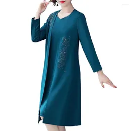 Work Dresses Solid Colour Long Coat Dress Set Elegant Women's 2-piece With Flower Embroidered Sleeve Mid Length