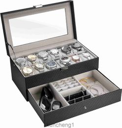 10 Slots Watch Box Case for Men Mens Jewelry Organizer Watch Holder Display Case with Drawer PU Leather Watch Storage Boxes with Glass Lid and Pillow -Black