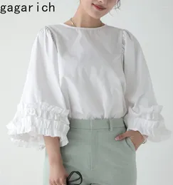 Women's Blouses Gagarich Elegnat Loose Solid Folds Splicing Shirt Woman Gentle O-neck Lantern Sleeves Zipper Simple Versatile Blouse