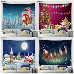 Tapestries Cartoon Santa Claus Christmas Tapestry Xmas Tree House Winter Nature Landscape Wall Hanging Year Holiday Home