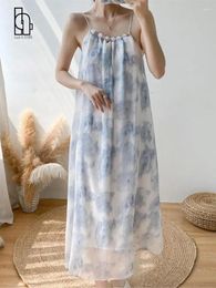 Casual Dresses Oil Painting Blue Printed Slip Dress Women's Summer Holiday Style Beach Long Strap