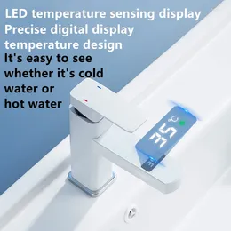 Bathroom Sink Faucets Black White LED Digital Temperature Display Basin Faucet Smart