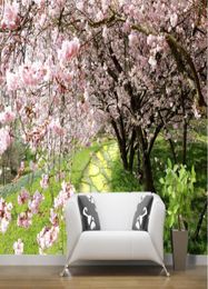 3d wallpaper for room Cherry tree flowers beautiful backdrop stone road path 3d murals wallpaper for living room7717641