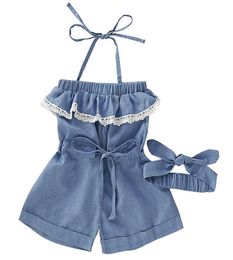 Infant Denim Jumpsuits Girls Lace Slings Onesies Solid Colours Baby Romper Toddler Girls Elastic Jeans With Bow Headband 16T 060618626586