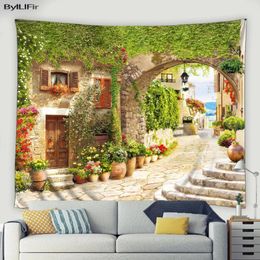 Tapestries Vintage Town Street Flowers Tapestry Arch Door Architecture Vine Plant European Scenery Home Living Room Dorm Decor Wall Hanging