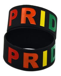 50PCS Gay Pride One Inch Wide Silicone Bracelet Black Adult Size Debossed and Filled in Rainbow Colors Logo2556369