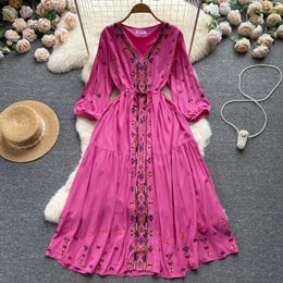 Casual Dresses French Chic Embroidery For Women V-neck Puff Sleeve Dress Lace-up Long Vestidos 2024 Summer Drop