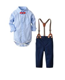 Drop New Baby Boys Clothes Kids Plaid Printing Romper with Bow and Suspender Pants 2Piece Clothing Set Toddler Boys Outf8114021