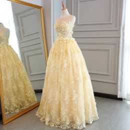 Dresses Yellow Ball Gown Long Prom Dresses 2020 Elegant Sweetheart 3D Floral Flowers Lace Floor Length Evening Dresses Party Gown Engageme