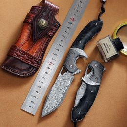 Handmade Tactical Damascus Folding Pocket Knife High Hardness VG10 Outdoor Camping Survival Knives Cultery with Genuine Leather Sheath