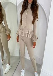 Women039s Tracksuits Women Vital Ribbed Frill Peplum Gold Button Loungewear Suit Tracksuit Set Fitness LeggingsLong Sleeve Shi3724393