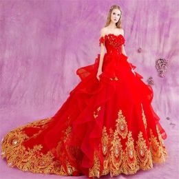 Dresses Off the Shoulder Princess Ball Gown Gold Lace Appliques Wedding Dresses Luxury Rhinestones Crystal Bridal Gowns robe de soiree